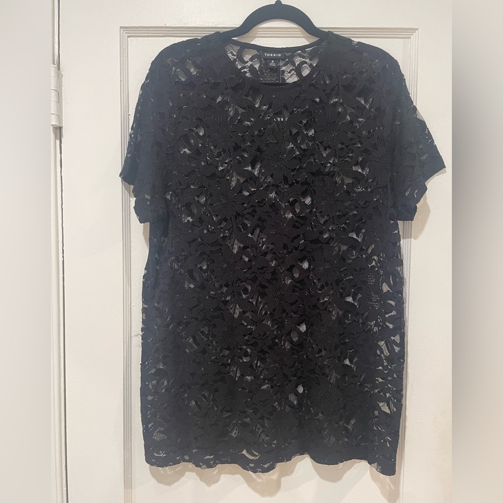 Sheer Stretch Lace Crew Neck Tee- Torrid - Picture 7 of 7